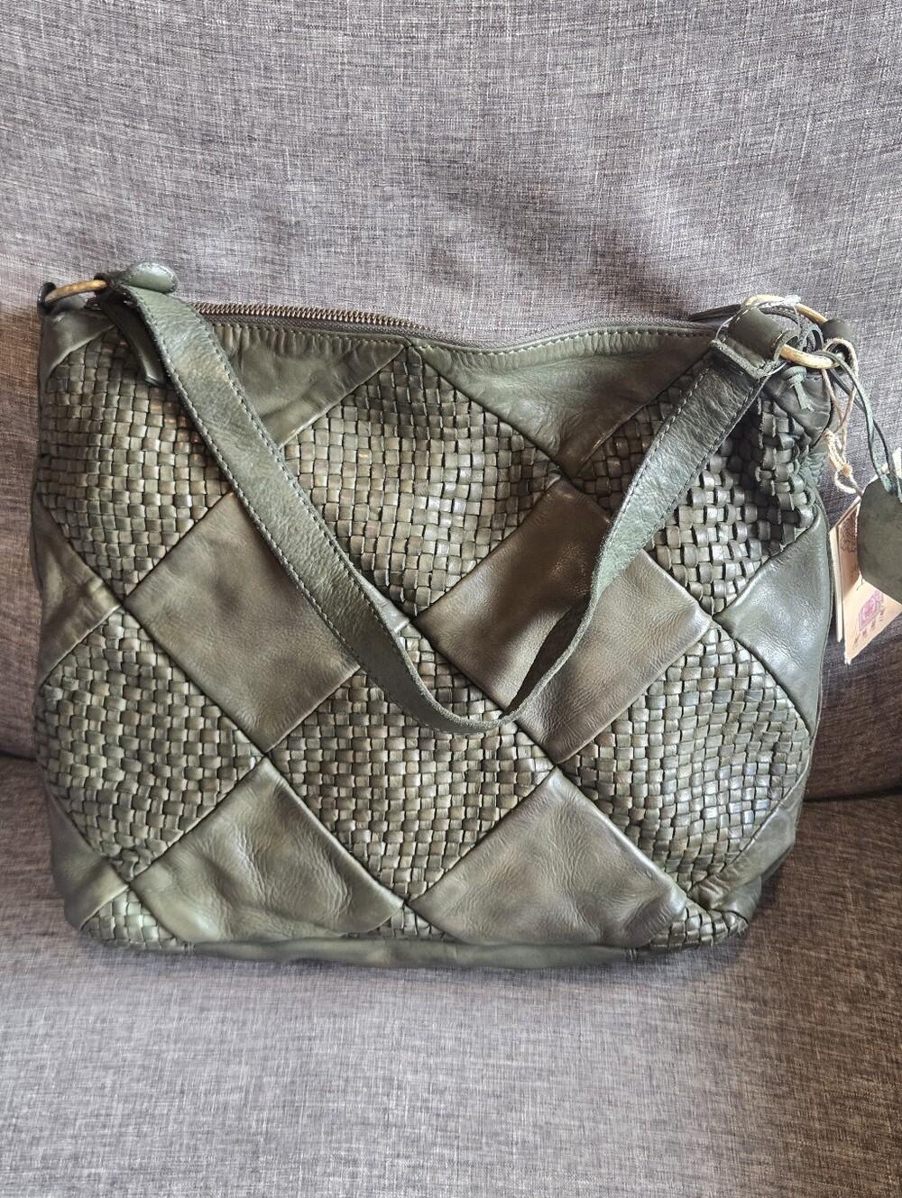 New Olive Green Woven Leather Shoulder Bag